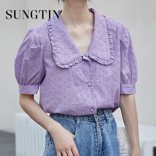 Sungtin Cute Peter Pan Collar Cropped Lady Blouse Hook Flower Short Sleeve Single Breasted Korean Chic Shirt Women Summer Blouse