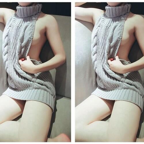 Fall 2020 Fashion Virgin Killer Sweater Korean Off Shoulder Knitting Womens Sweaters Turtleneck Backless Sexy Pullovers