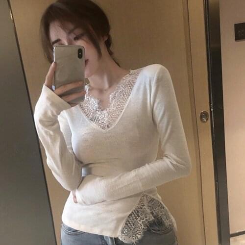Womens V-Neck Lace T Shirt Spring Autumn Patchwork Sexy Slim Simple Long-Sleeved T Shirt Tops