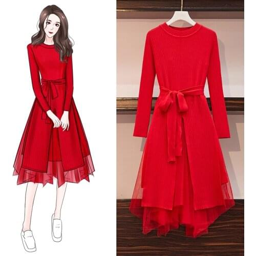 Plus size womens clothing spring and autumn new fashion temperament was thin knitted dress mesh skirt two-piece suit