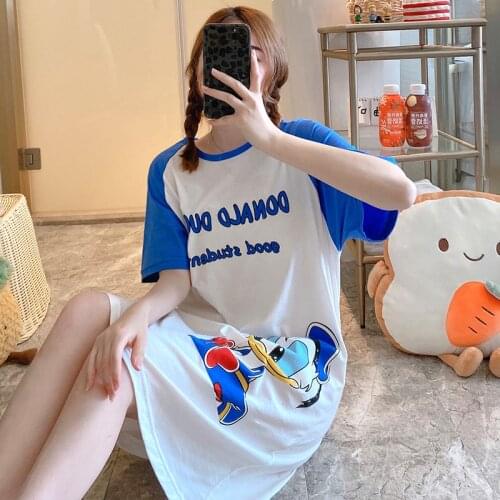 Disney Anime M-2XL Loose Cotton Nightgown Woman Summer 2021 Short Sleeve Donald Duck Night Dress Ladies Casual Homewear Pajamas