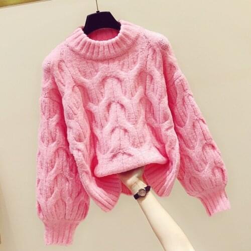 2020 Spring Winter New Korean Thick Warm Pink Sweater Women Round-Neck Coarse Twist Sweaters Casual Knitwear Ladies Jumper Pull