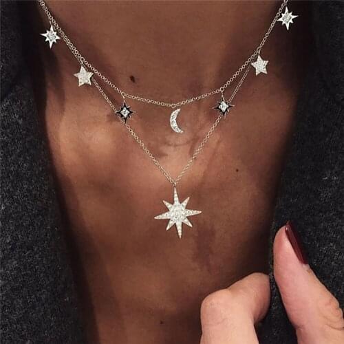 2020 Boho Fashion Crystal Sun Moon Stars Pendant Necklaces For Women Vintage New Gold Necklace Multilayer Female Jewelry Gift