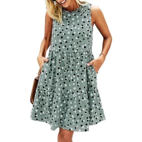 Summer Women Sundress Stylish O Neck Dots Print Sleeveless Large Hem Loose Knee-length Dress vestido de mujer платье летнее 2021