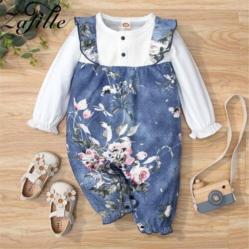 ZAFILLE Baby Girl Clothes Autumn Winter Denim Fake 2pcs Floral Baby Girls Rompers Toddler Jumpsuit For Kids Girls Clothing 0-18