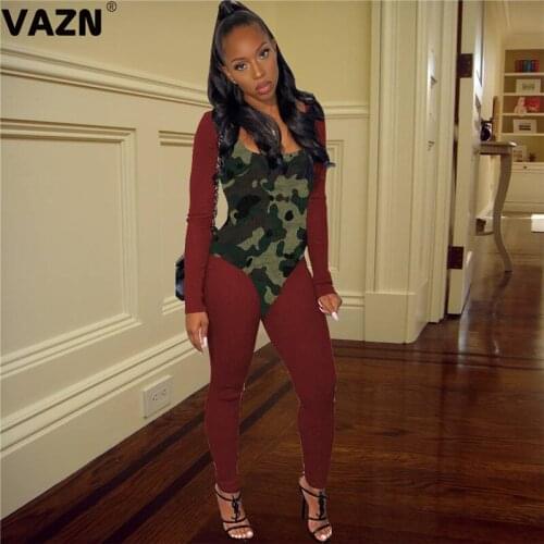 VAZN 2020 Top Quality Young Sexy Camouflage Patchwork Soft Elastic High Street Full Sleeve High Waist Women Skinny Jumpsuits