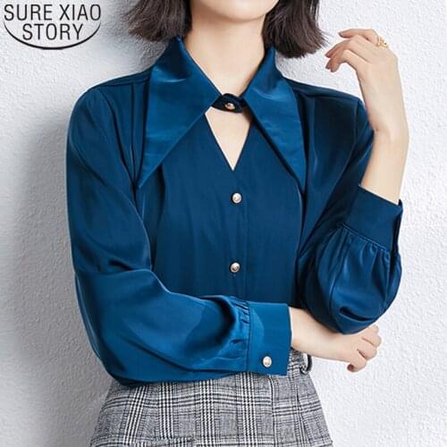 2021 Autumn Solid Long sleeve Shirt Elegant office Lady Shirt V-neck Satin Blouse Women tops Women Clothes Blusas Mujer 15812