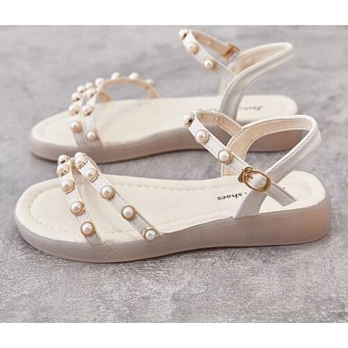 Summer 2021 new Fairy Sandal for Women with Red Pearl Decorated Flat Comfortable Open-toe Sandal for Women Instagram Tr