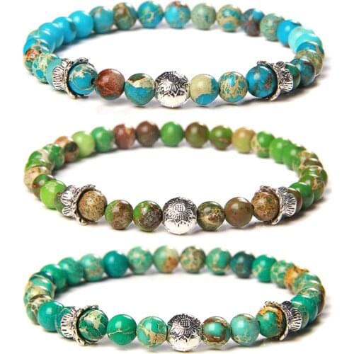 6 mm Green Sea Sediment Jaspe Bracelets Couples Jewelry Men Lucky Silver Color Craft Beads Charm Bangle Women Stretch Bracelet