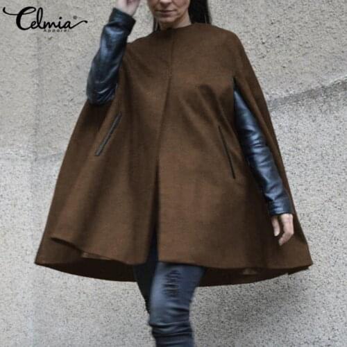 Celmia 2021 Women Capes Ponchos Winter Cloak Jackets Vintage Casual Sleeveless Pockets Loose Autumn Fashion Coats Fleece Outweer