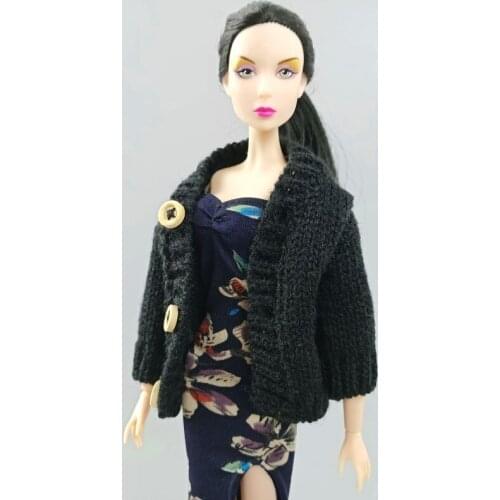Black Knitted Coat Baby Kid DIY Toy Winter Warm Sweater Outfits Tops For Barbie Doll Clothes 1/6 BJD Dollhouse Accessories