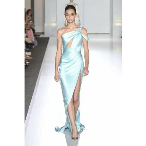 Elegant Long Blue Satin One Shoulder Celebrity Dresses Mermaid Robe De Soiree Floor Length Pleated Slit Formal Dresses for Women