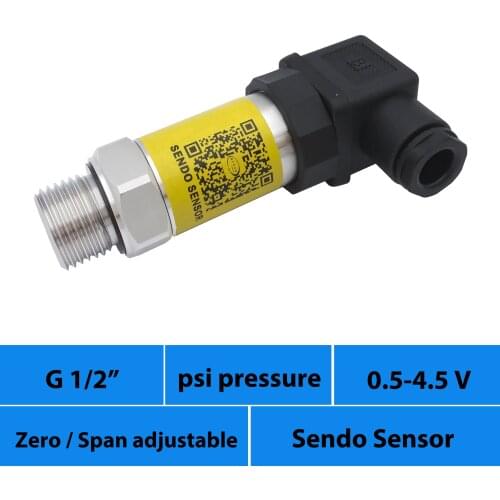 G 1/2 pressure transmitter, 0.5 4.5v signal, 5v supply, range 1.5, 10, 100, 1000, 10000 psi, 3, 30, 300, 3000 psi, 15, 15000 psi