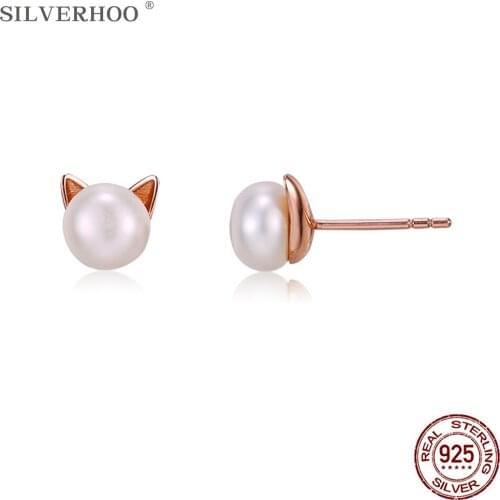 SILVERHOO 925 Sterling Silver Natural Freshwater Pearl Earrings For Women Girl Cute Kitten Stud Earring Luxury Silver Jewelry