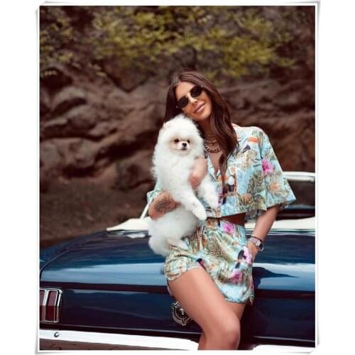 Green Floral Bird Print Two-piece suit Fashion Summer Short Sleeve Shirts top and Loose shorts Women 2021 Loose Casual Chic set