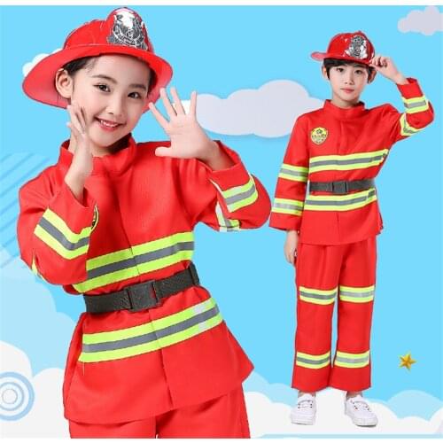 Baby Boys Girls Firefighter Roleplay Costumes Children Fireman Uniforms Clothes Reflective Jackets Kids Party Hat Clothing Sets