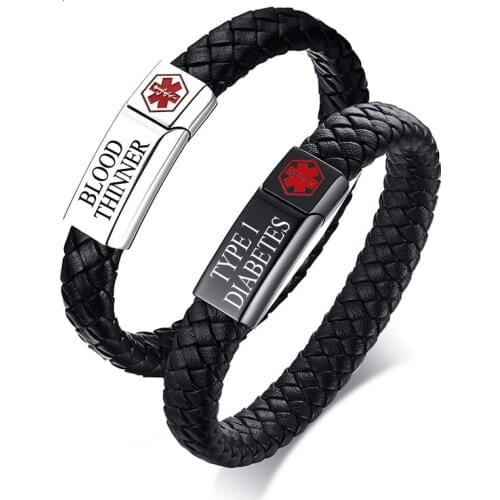 Medical Alert ID Bracelets Stainless Steel Engravable DIABETES ALLERGY SOS Women Men Braided Leather Bracelet
