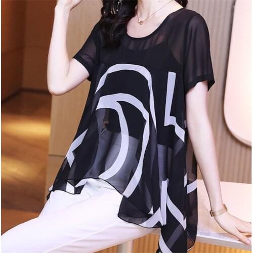 Fashion Women Summer Shirts Casual Elegant Short Sleeves Blouses Temperament Print O-Neck Loose Mujer Blusas Tops MM0905
