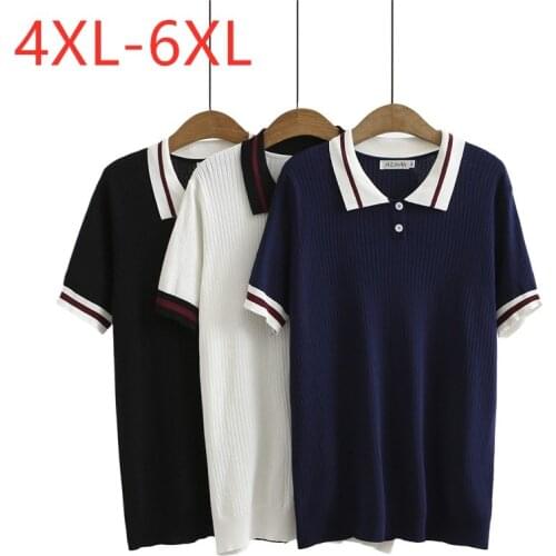 New 2021 Ladies Summer Plus Size Knit Tops For Women Large Short Sleeve Slim Elastic Blue White Polo T-shirt 4XL 5XL 6XL