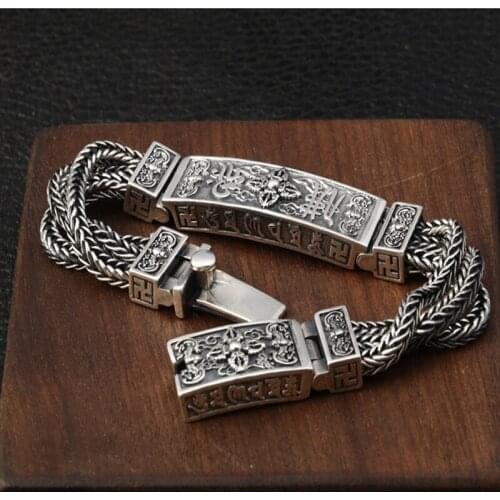NEW! S925 Sterling Silver Tibetan Mantra Bracelets For Men Braided Woven Six Words Vajry Pestle Engraved Prayer Buddha Jewelry