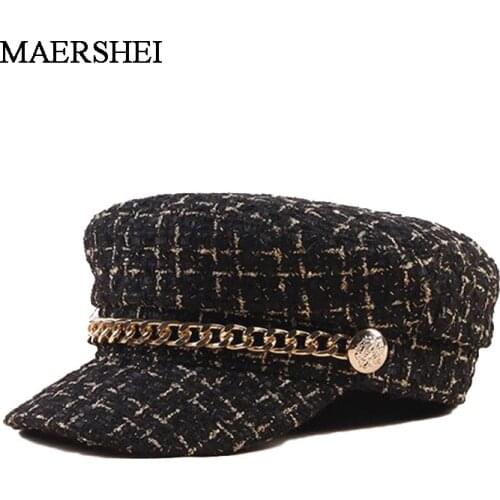 Autumn Winter plaid Women Chain Beret Hat Flat Military Cap Salior Hat Girl Visor Travel Berets Newsboy Caps Fashion Hats