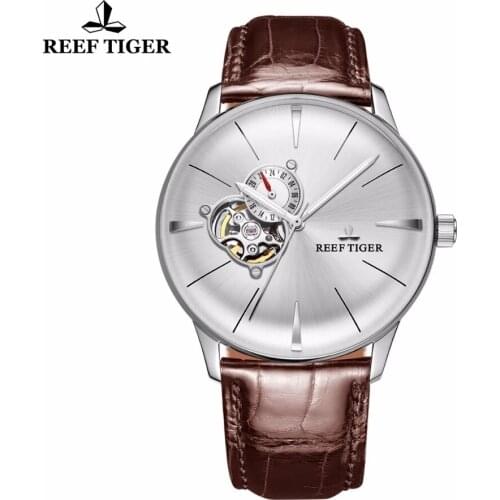 Reef Tiger/RT New Dress Watches Men Convex Lens Glass Tourbillon Automatic Mechanical Watches White Dial Steel Waterproof Watch
