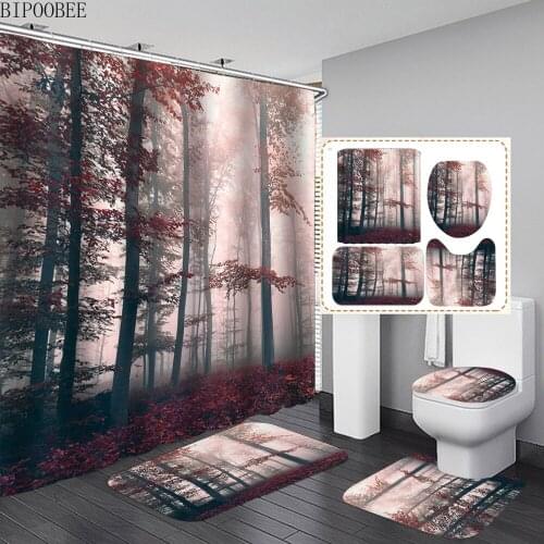 Purple Forest Trees Printed Bathroom Curtains Set Natural Scenery Shower Curtain Non-slip Carpet Toilet Lid Cover Bath Mats Rugs