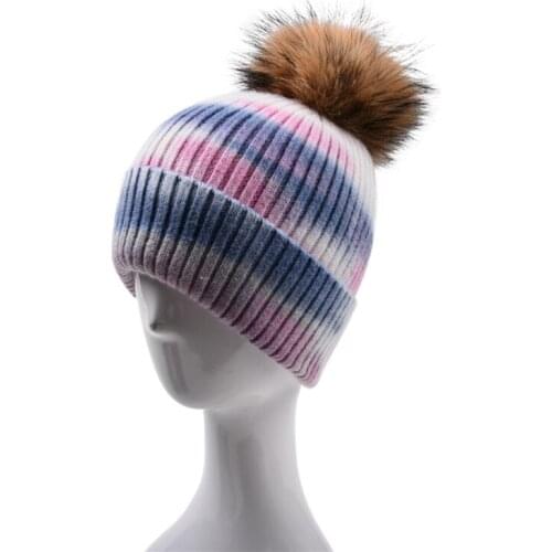 Women Men Winter Warm Ribbed Knitted Beanie Hat With Detachable Fluffy Pompom Gradient Tie-Dye Print Harajuku Windproof Cuffed