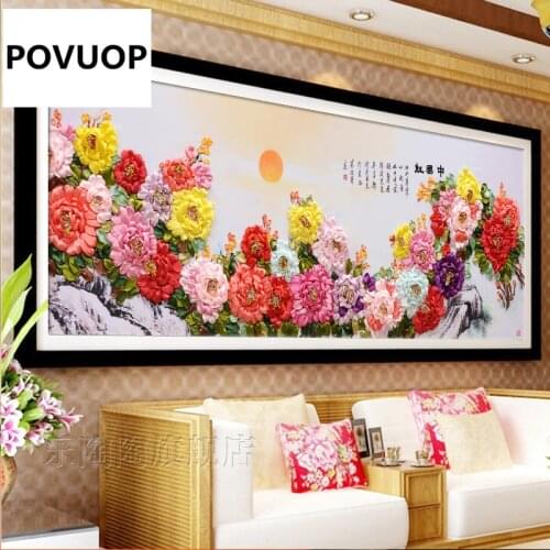 POVUOP Peones new cross stitch blooping rich 5d ribbon embroidery 175X70cm large painting for living room