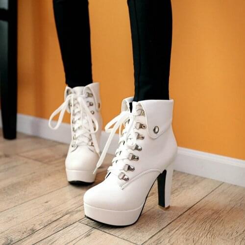 Sianie Tianie PU white platform high heels boots for women lace up winter warm woman ankle boots large size 41 42 43 martin boot