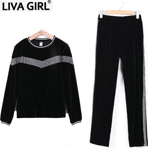 Womens casual round neck loose suit autumn and winter suit long-sleeved womens color matching two-piece