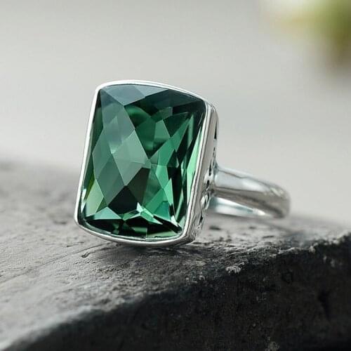BOCAI Retro square faceted green crystal woman ring stylish personality s925 silver jewelry