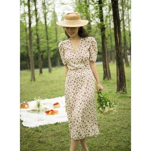 Women V-Neck Wrap Midi Dress 2021 Spring New Floral Print Puff Sleeve Side Buttons Lace-Up Waist Dresses Ladies Holiday Robe