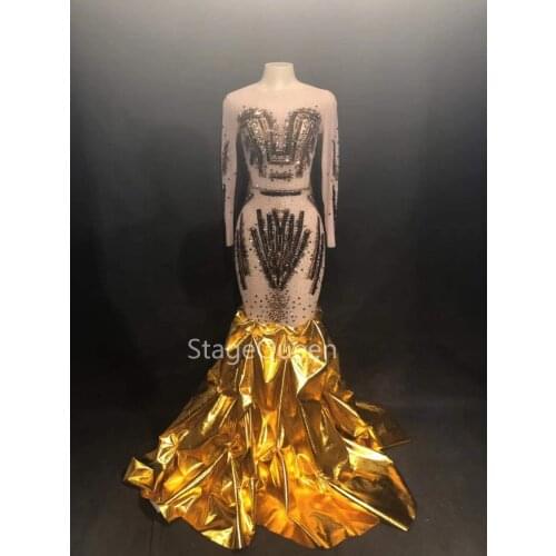 Women Sexy Net Yarn Gold Dress Sparkling Paillettes Crystals Nightclub Party DJ Stage Wear Show Bling Costumes for Dancer Singer