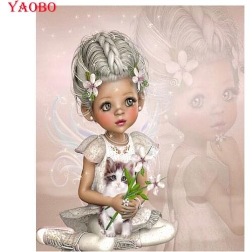 5D DIY Diamond Embroidery angel girl and cat Diamond Painting Full Round/square Cross stitch Diamond mosaic cartoon pattern
