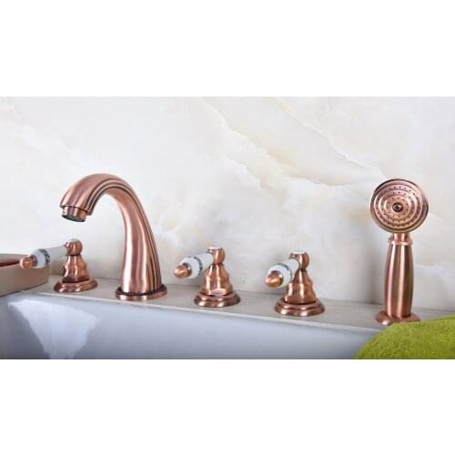 Antique Red Copper Brass Widespread Three Handles Deck Mounted 5 Holes Bathroom Tub Faucet Mixer Tap With Handshower mtf188