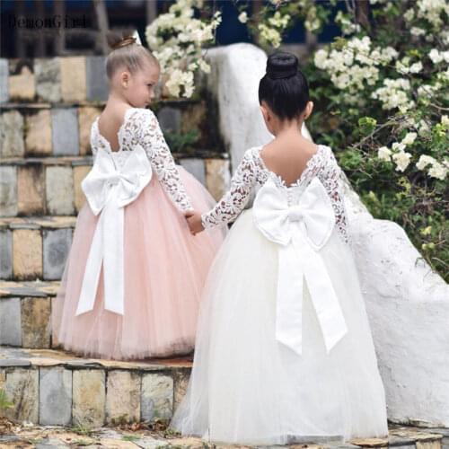 Ball Gown Flower Girl Dress Lace Appliques Baby Girls Party Dresses Long Sleeves Back Bow First Communion Dress