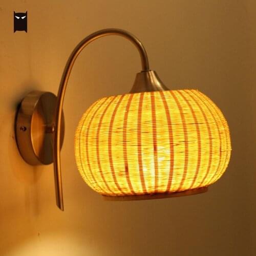 Bamboo Wicker Rattan Fruit Shade Wall Light Fixture Asian Rustic Country Vintage Japanese Sconce Lamp Bedroom Balcony Hallway