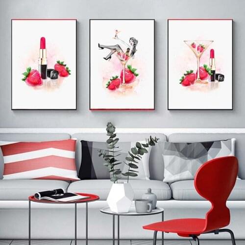 Strawberry Cocktail Posters and Prints Beauty Begins Quote Wall Art Canvas Print Lipstick Pictures Bedroom Decoration Home Décor