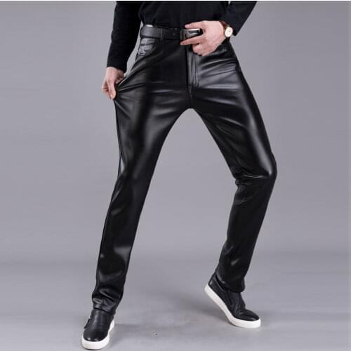 Leather Pants Mens Skinny Pants Elastic Spring Autumn Fall Fleece Thickened Youth Man Leather Motorcycle Pants Male Pencil Pants