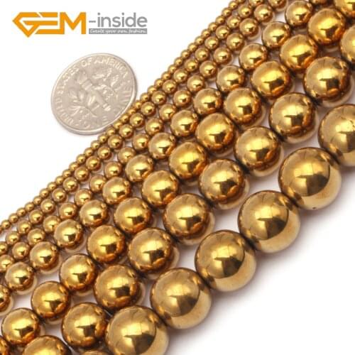 2mm-14mm Round Gold Metallic Coated Hematite Gem stone Loose Beads For Jewelry Making Strand DIY 15 Inches Bulk Gem-inside