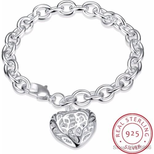 LEKANI Womens Fine Jewelry 925 sterling silver Hollow heart Charm 8'' thick Chain Lobster Clasp bracelet bangle Bileklik