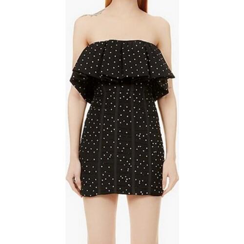 2021 summer new arrive Black dress with diamond and ruffle women mini dress backless strapless slim short dress