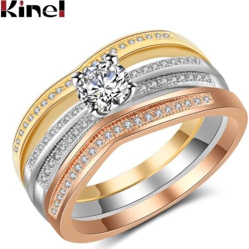 Kinel 2021 Fashion Natural Zircon Rings Sets 585 Rose Gold Female Ring Engagement Wedding Jewelry Set