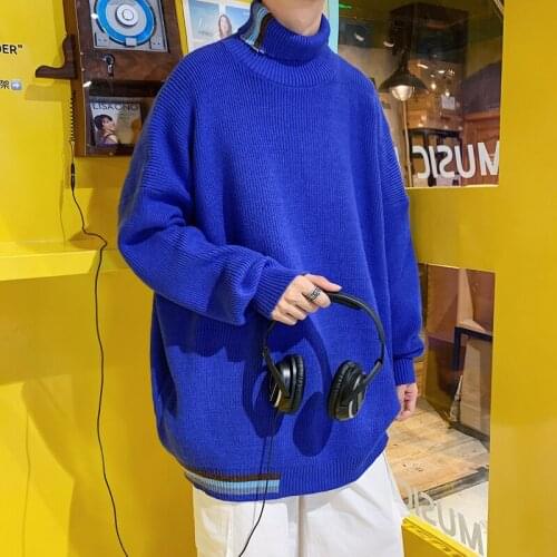 Sweater Male Vintage Wool Sweater Harajuku Mens Patchwork Knitted Sweaters 2021 Oversized Men Black Winter Turtleneck