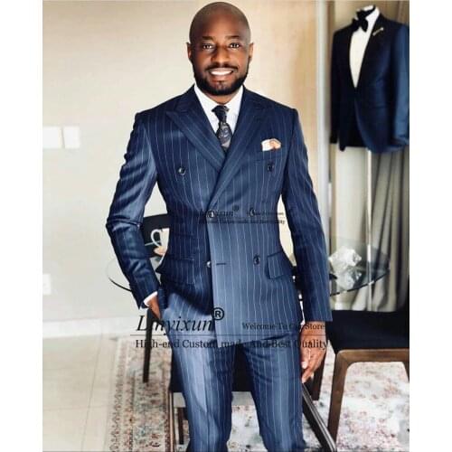 New Double Breasted Wedding Tuxedos Pinstripe Mens Groom Suits Peaked Lapel Slim Fit Prom Party Blazer Jacket(jacket+pants)