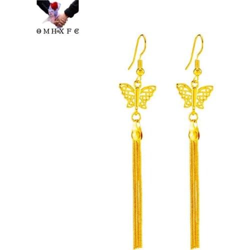 OMHXFC Wholesale ER233 European Fashion Fine Woman Girl Party Birthday Wedding Gift Butterfly Tassel 24KT Gold Drop Earrings