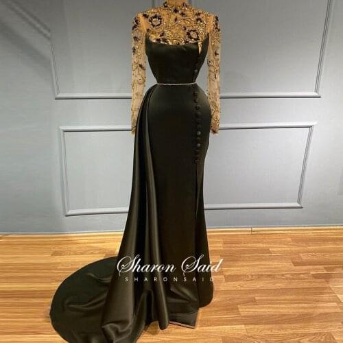 Olive Green Mermaid Arabic Evening Dress Long Sleeve 2021 Luxury Crystal Dubai Prom Formal Dresses for Women Wedding Party Gowns