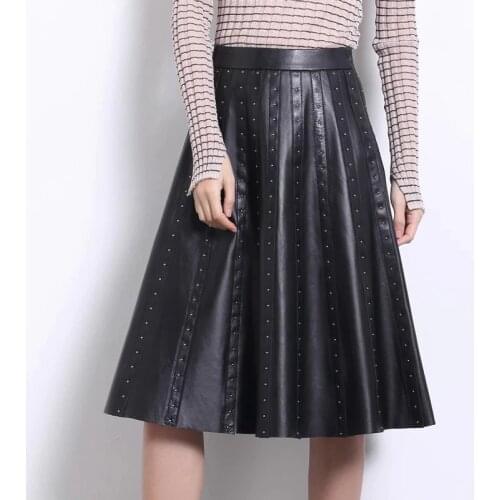 Genuine leather pleated skirt 2019 winter and autumn long skirts womens black sheepskin leather plus size skirt