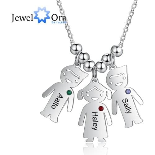 JewelOra Personalized Engraved Name Boy Girl Pendant Necklace Customized Birthstone Stainless Steel Mother Kids Jewelry Gift